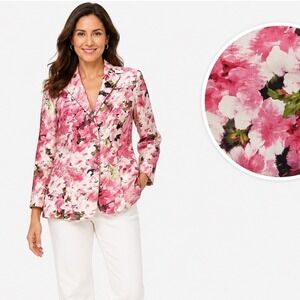 Flores & Flores Women‎ Pink Floral 100% Silk Blazer Jacket Size 10 Made in USA
